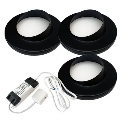 (3 Lights & Driver) MATT BLACK Slim Round Angled Under Cabinet Light & Driver - Warm White LED