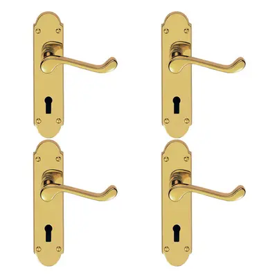 4x PAIR Victorian Upturned Handle on Lock Backplate x 42mm Polished Brass