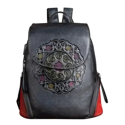 (gray) Johnature Retro Genuine Leather Backpack Women Bag Handmade Embossing Natural Cowhide Lar