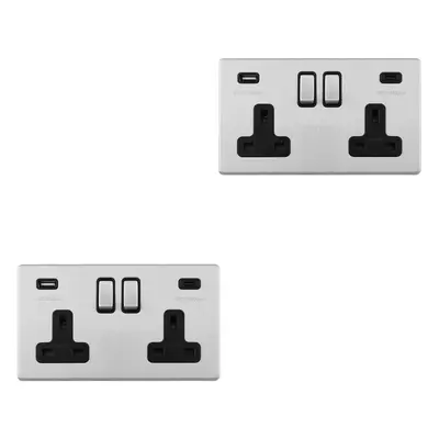 2 PACK Gang Double 13A UK Plug Socket & 2x 3.1A USB-C SCREWLESS SATIN STEEL