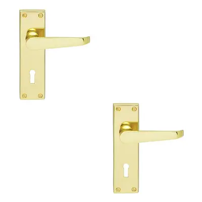 2x PAIR Victorian Flat Lever on Lock Backplate Handle x 42mm Polished Brass