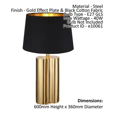 Table Lamp Gold Effect Plate & Black Cotton Fabric 40W E27 Bedside Light