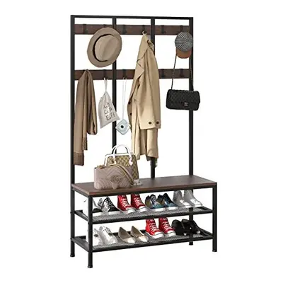 Large Coat Rack Stand Industrial Coat Stand with Hooks and Shoe Bench Clothes Hat Rack Shelf Met