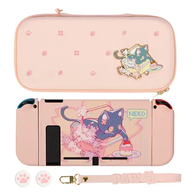 (Switch Shell Bag) NEKO Cat Switch OLED Case Storage Bag PU Carrying Case Pink Shockproof Shell 