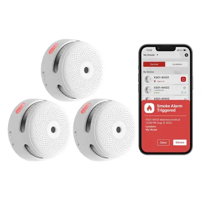 (3-PACK, Wi-Fi Connected Model) Smart Smoke Alarm Compatible with Home Security App, Compliant w