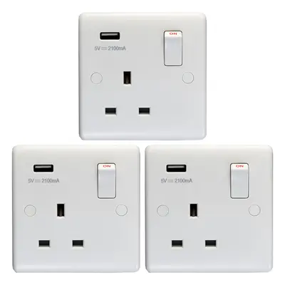 3 PACK Gang Single UK Plug Socket & 2.1A USB-A Charger WHITE 13A Switched