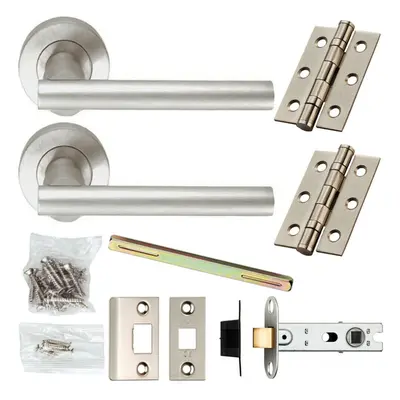 Door Handle & Latch Pack Satin Chrome Rounded T Bar Lever Screwless Round Rose