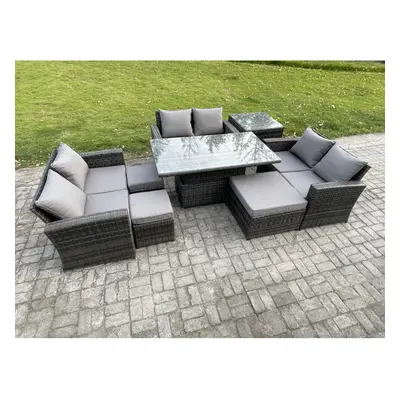 Fimous Wicker PE Rattan Garden Furniture Set Height Adjustable Rising Lifting Table Sofa Dining 