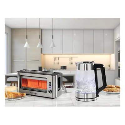 Daewoo 1.7L 3000W Matching Glass Kettle and Toaster Set Slice Stainless Steel Clear See Through 