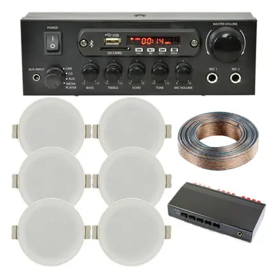 Bluetooth Ceiling Music Kit Zone Stereo Amp & 6x Low Profile HiFi Speaker