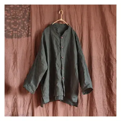 (green, One Size) Johnature Women Vintage Linen Button Coats Stand Solid Color Long Sleeve Loose