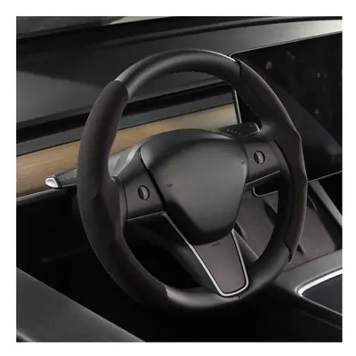 (Black-38cm) Car Steering Wheel Cover for Tesla Model Model Y Suede Ultra-thin Sweat