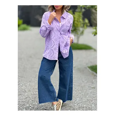 (PURPLE, XXXL) Spring Youth Elegant Women's Hollow Shirt New Shirt Single Breasted Fashion Flip 