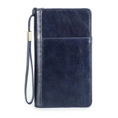 (blue) Genuine Leather Men Multifunctional Clutch With Passport Holder Boarding Pass Holder Pen 