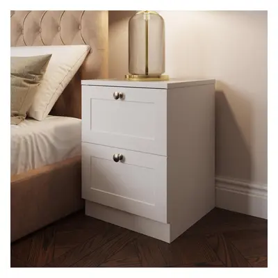 2 Drawer Bedside Table White Nightstand Modern Deep Storage Panelled