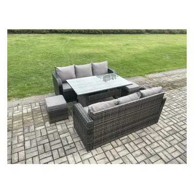 Fimous Patio Rattan Garden Furniture Set with Oblong Rectangular Dining Table Small Footstools S