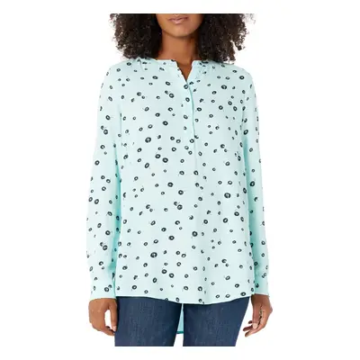 Womens Long-Sleeve Woven Blouse, Aqua Blue Poppy, Large