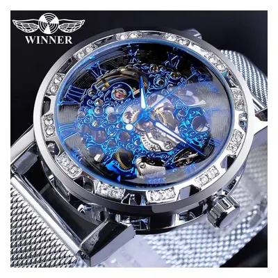 (silver) Winner Golden Watches Men Skeleton Mechanical Watch Crystal Mesh Slim Stainless Steel B