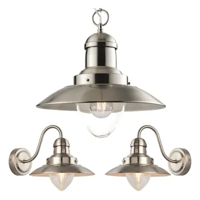 Hanging Ceiling Pendant Lamp & 2x Matching Wall Light Industrial Satin Nickel