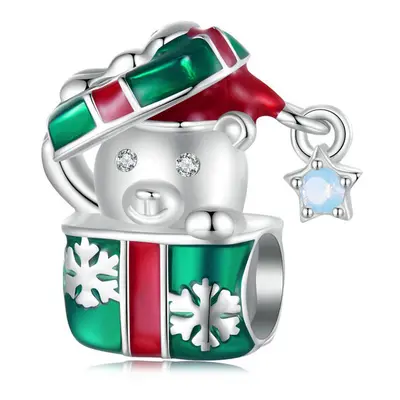 Christmas Teddy Bear Gift Charm Bead With Opal Stone Genuine Sterling Silver Compatible With Pan