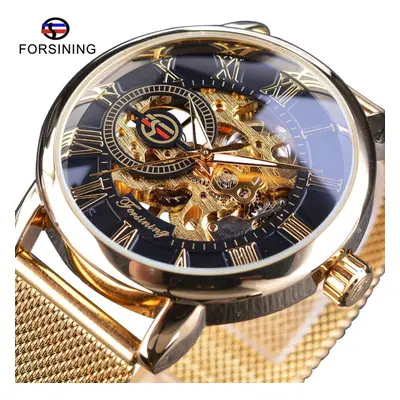 (black,gold) Forsining Retro Fashion Design Skeleton Sport Mechanical Watch Luminous Hands Trans