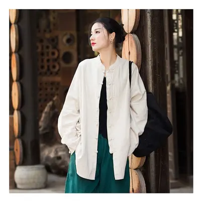 (White, XXL) Vintage Shirt Women New Chinese Style Frog Solid Simple Leisure Loose Comfortable S