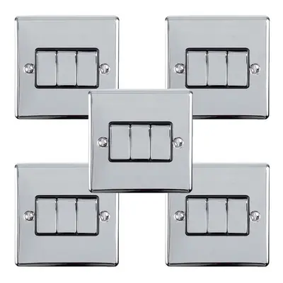 5 PACK Gang Triple Metal Light Switch POLISHED CHROME Way 10A Black Trim