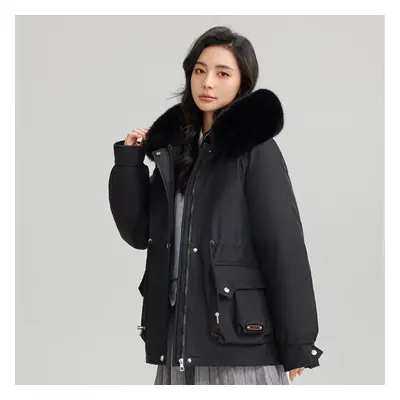 (black, M) Winter Thickened Parker Jacket Women&apos;s Waist Was Thin, Hooded Big Fur Collar War