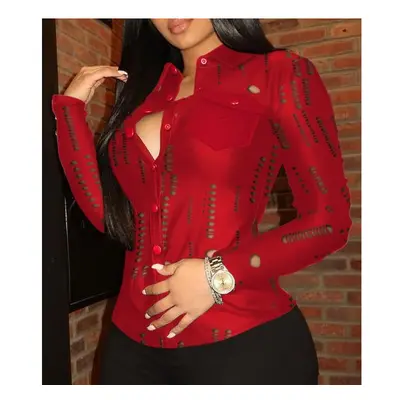 (C, M) Fashion Woman Blouse Spring Sexy Hollow Out Turn-Down Collar Plain Long Sleeve Button Dow