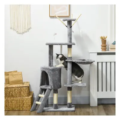 PawHut Cat Tree Kitty Activity Centre Scratching Post With Toys 5-tier Grey