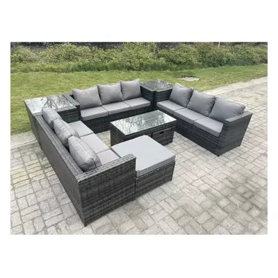 Fimous Outdoor Rattan Garden Furniture Lounge Sofa Set Oblong Rectagular Coffee Table Big Footst