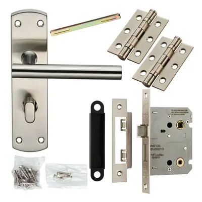 Door Handle & Bathroom Lock Pack Satin Steel Modern Straight T Bar Backplate