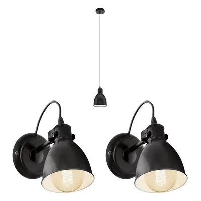 Ceiling Pendant Light & 2x Matching Wall Lights Black Industrial Lamp Shade