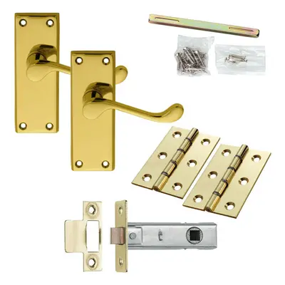 Door Handle & Latch Pack Brass Victorian Scroll Bar Curved Short Backplate