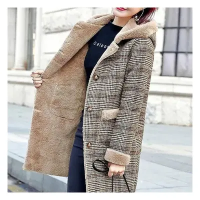 (as the picture, XL) Danmo Women&apos;s Plaid Woolen Coat Thick Velvet Thickened Warm Mid-long J