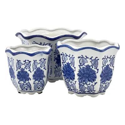 Galt International Blue White Floral Porcelain Ceramic Decorative Flower Pot Garden Pots Chinese