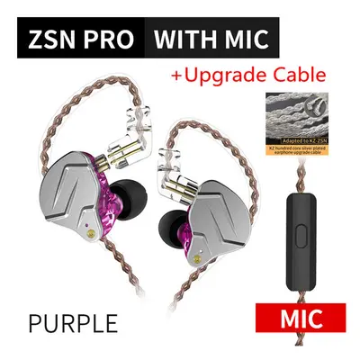 (Purple with mic Sil) KZ ZSN PRO 1BA+1DD Hybrid technology HIFI Metal In Ear Earphones Bass