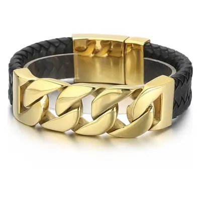 (as the picture, 23cm) Braided Leather Bracelet For Men Accessories Luxury Gold Plated Stainless