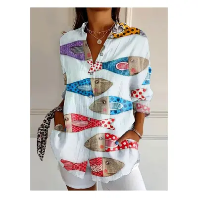 (LD3719, XXXL) Fashion shirt 3D printing HD fish pattern shirt daily casual shirt soft fabric fi