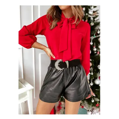 (red, XL) Blouses Women Shirt Solid Lace Up Casual Slim Fit Full Sleeve Shirts Elegant Splice Si