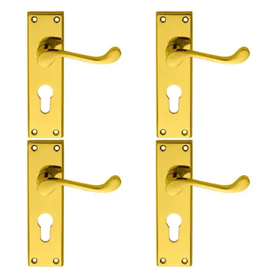 4x PAIR Victorian Scroll Lever on Euro Lock Backplate x 43mm Polished Brass