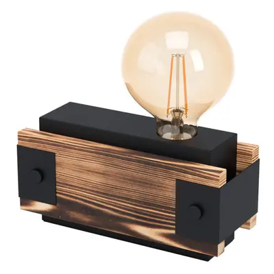 Table Lamp Desk Light Black Steel & Wood Bedside Box x 16W E27 Bulb