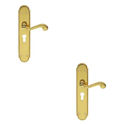 2x PAIR Beaded Pattern Handle on Euro Lock Backplate x 50mm Polished Brass