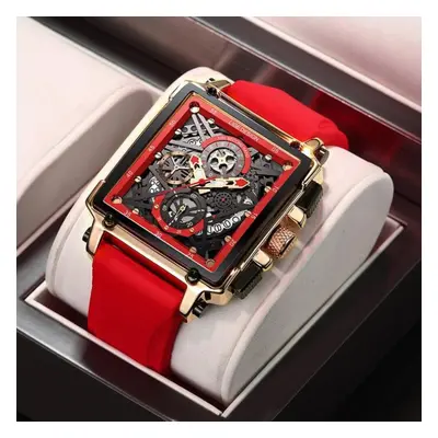 (Gold Red) Hollow Square Mens Watches Chronograph LIGE Brand Luxury Automatic Date Men Watch Wat