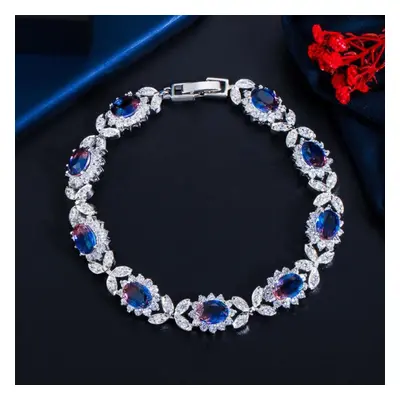 (blue,red) Wwj Rainbow Mystical Cubic Zirconia Leaf Design Tennis Bracelet For Women