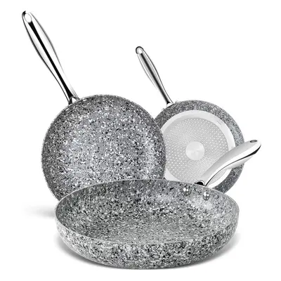 (20cm 24cm 28cm, Grey) Frying Pan Set 20cm, 24cm and 28cm, Frying Pan Nonstick with Stone-Derive