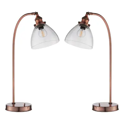 2 PACK Industrial Curved Table Lamp Tarnished Copper Glass Modern Bedside Light