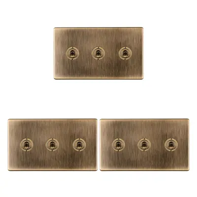 3 PACK Gang Triple Retro Toggle Light Switch SCREWLESS ANTIQUE BRASS 10A Way