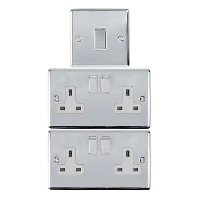 CHROME Bedroom Socket & Switch Set- 1x Light & 2x Double UK Power Sockets