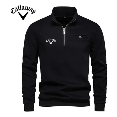 (black, 2XL) Callaway Autumn New Men&apos;s Long Sleeved Half Zip Hoodie Casual Solid Color Pock